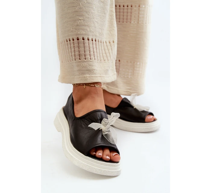 Zazoo 2939 Skórzane Sandały Damskie Z Kokardką Czarne