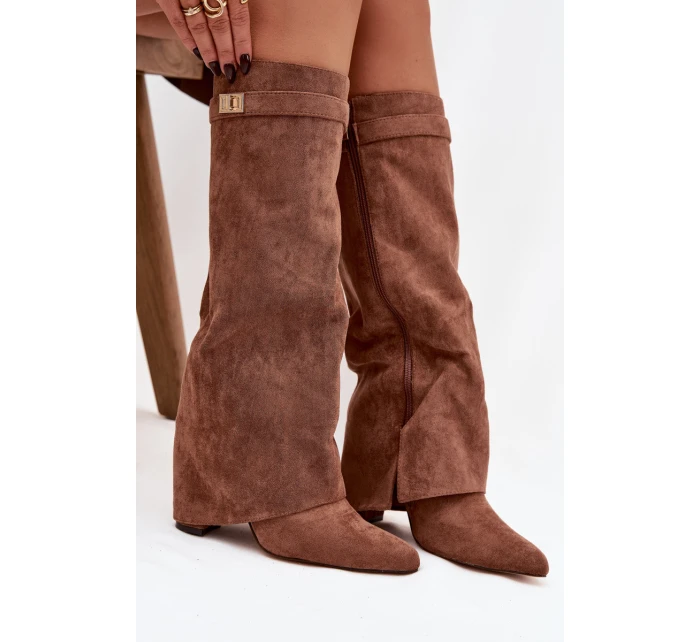 Kozačky Eko semišové podpatek sloupek na zip vyhřívané vytočená lýtka tmavě béžové Evyra Kozačky Eko semišové podpatek sloupek na zip vyhřívané vytočená lýtka tmavě béžové Evyra