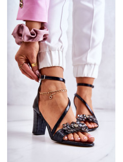 Dámske kožené sandále s kryštálmi čierne Ramona