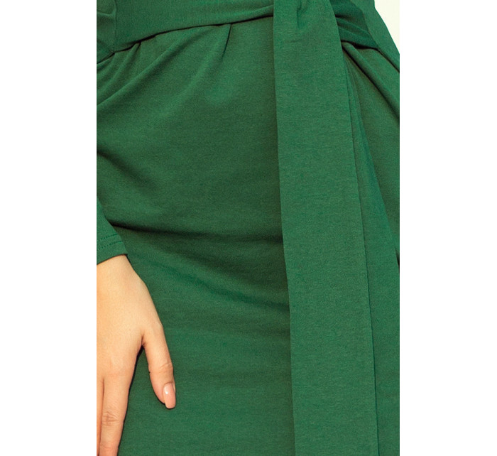 Dámske šaty s dlhým rukávom a opaskom stredne dlhé zelené - Zelená - Numoco