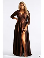309-14 AMBER elegantné dlhé čipkované šaty s výstrihom - čokoládové
