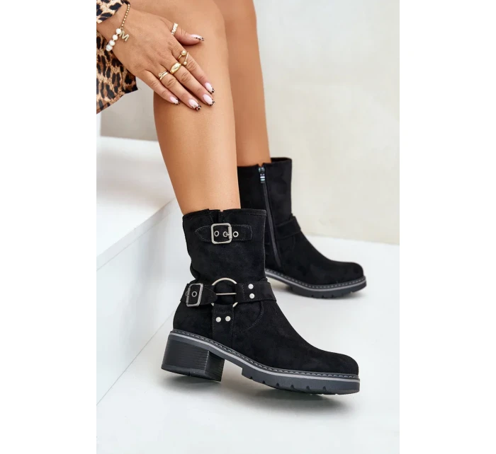 Dámske členkové topánky na nízkom podpätku s prackami Black Zudra