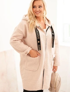 Dámský kabát Plus Size z  s kapucí a kapsami béžový model 21297032 - K-Fashion
