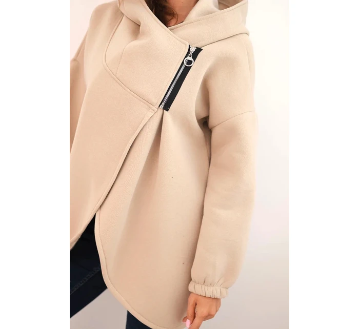 Dámská mikina s kapucí a asymetrickým zipem béžová