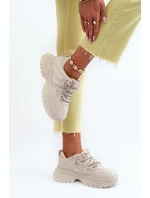 Sneakersy Damskie Na Masywnej Podeszwie Z Ozdobnym Sznurowaniem Beżowe Relissa Sneakersy Damskie Na Masywnej Podeszwie Z Ozdobnym Sznurowaniem Beżowe Relissa