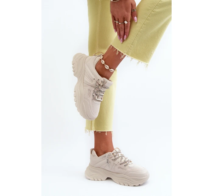 Sneakersy Damskie Na Masywnej Podeszwie Z Ozdobnym Sznurowaniem Beżowe Relissa Sneakersy Damskie Na Masywnej Podeszwie Z Ozdobnym Sznurowaniem Beżowe Relissa