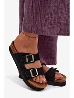 Kožené semišové dámské sandály na platformě s přezkami Vinceza 102657 černé