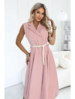596-6 Elegantná midi košeľa so zlatými gombíkmi a opaskom – pudrovoružová 596-6 Elegantná midi košeľa so zlatými gombíkmi a opaskom – pudrovoružová