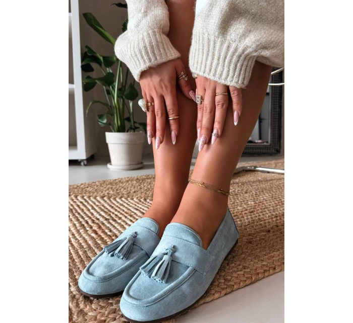 Dámské mokasíny s plochou podrážkou a třásněmi, modré Marilisse