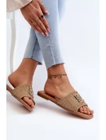 Dámske ploché papuče s opletením a ozdobou, béžová Omenna