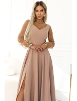 640-4 LORETTA jedinečné dlhé šaty s tylovými rukávmi a výstrihom - béžové 640-4 LORETTA jedinečné dlhé šaty s tylovými rukávmi a výstrihom - béžové