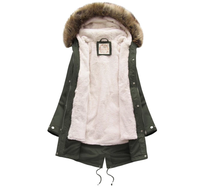 Dámská zimní bunda parka v army barvě s kapucí a odepínací kožešinovou podšívkou model 21242078 - Libland
