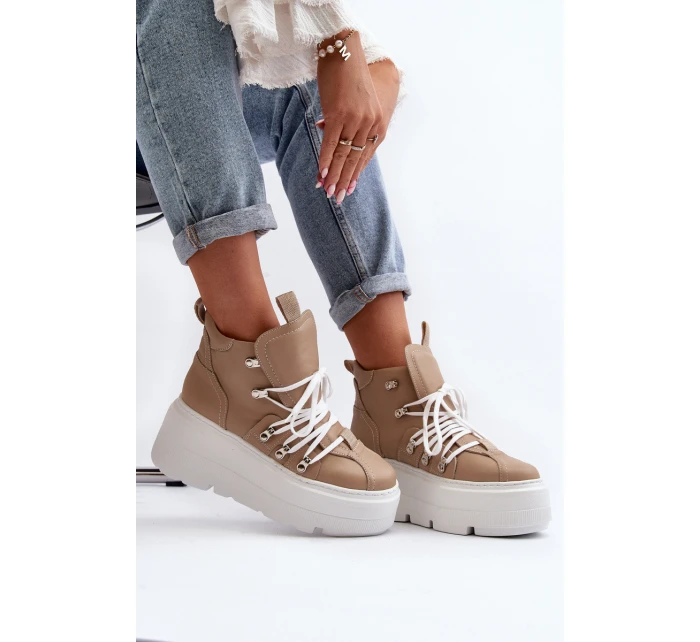 model 21647314 Kožené Dámské Sportovní Boty Beige - Zazoo