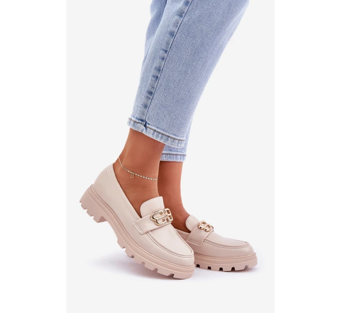 Mokasyny Damskie Ze Złotym Detalem Beżowe Trionna