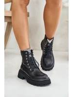 Ocieplane Skórzane Botki Workery Damskie Z Cyrkoniami GOE OO2N4125 Czarne