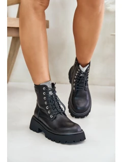 Ocieplane Skórzane Botki Workery Damskie Z Cyrkoniami GOE OO2N4125 Czarne