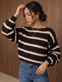 Dámsky oversize sveter s pruhmi a nastaviteľným pásom, hnedý, FashionStreet MY2613