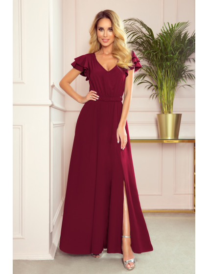 LIDIA - Dlhé dámske šaty vo vínovej bordovej farbe s výstrihom a volánikmi 310-5