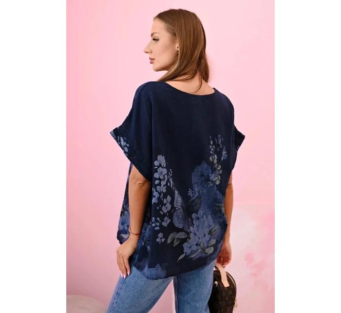 Dámská bavlněná košile s model 22020969 a květinami námořnická modř - K-Fashion