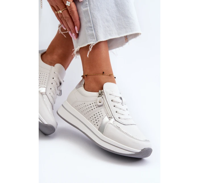 Damskie Skórzane Sneakersy Na Platformie Białe Ligustra