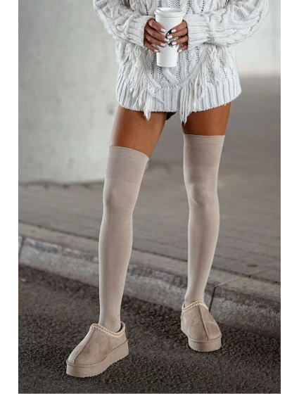 Zakolanówki Damskie Bawełniane Gładkie Beżowe