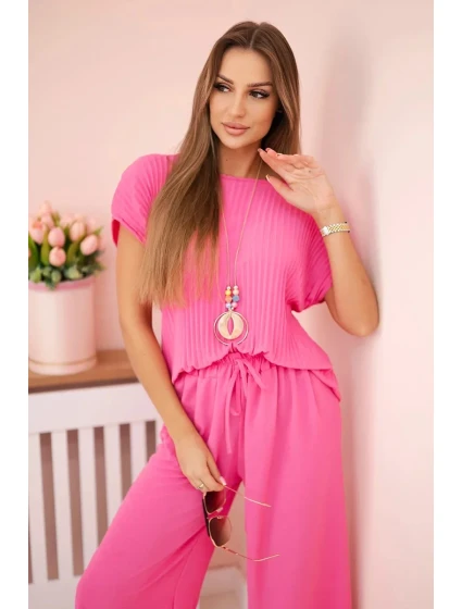Viskózový komplet plisovaná halenka + kalhoty růžový Viskózový komplet plisovaná halenka + kalhoty růžový