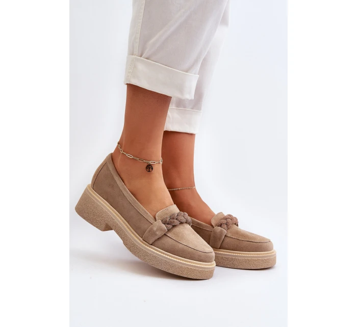 Zazoo 3429/W Damskie Zamszowe Mokasyny Z Ozdobą Beżowe