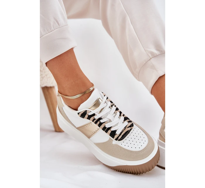Sneakersy Damskie Na Masywnej Platformie Zwierzęcy Wzór Beżowo-Złote Telanila