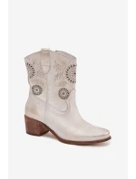 Zamszowe Skórzane Botki Damskie Ażurowe Na Obcasie Zazoo 3844 Złoty Przecierany