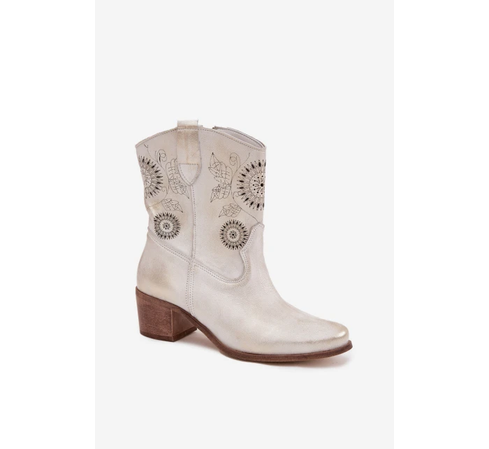 Zamszowe Skórzane Botki Damskie Ażurowe Na Obcasie Zazoo 3844 Złoty Przecierany