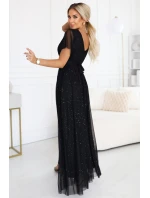 635-2 MELANIA Dlhé lesklé šaty s výstrihom a krátkymi rukávmi - čierne