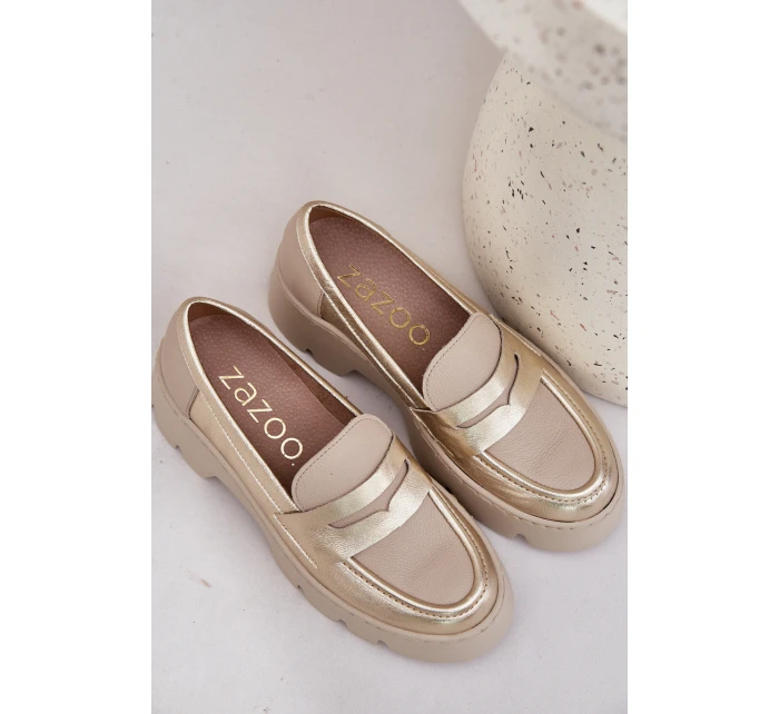 Skórzane Mokasyny Damskie Na Platformie I Płaskim Obcasie Zazoo 20191 Złote