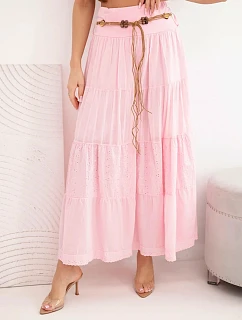 Dámská maxi bavlněná sukně s model 22048771 výšivkou a elastickým pasem cukrově růžová - K-Fashion