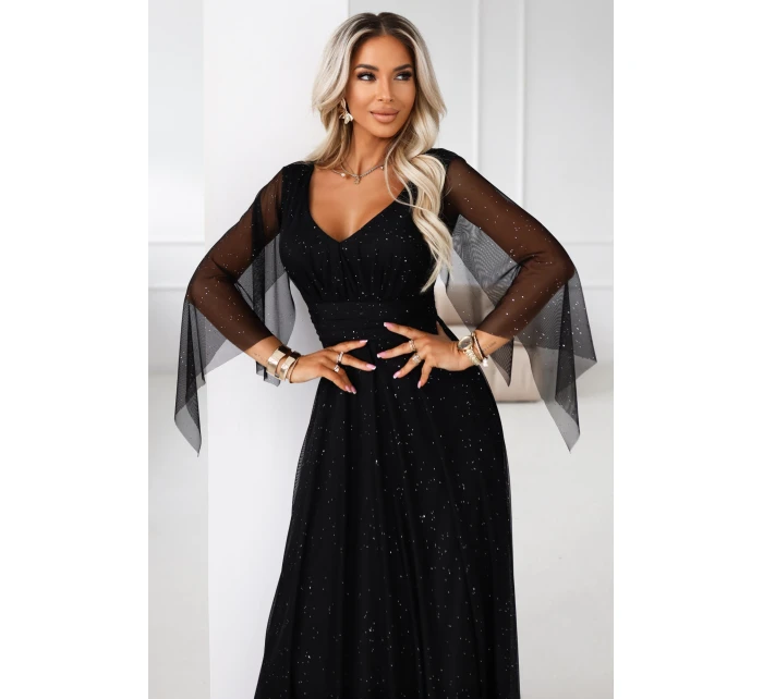 Dlouhé lehké třpytivé šaty s výstřihem a rukávy černé model 21802210 - numoco basic Dlouhé lehké třpytivé šaty s výstřihem a rukávy černé model 21802210 - numoco basic