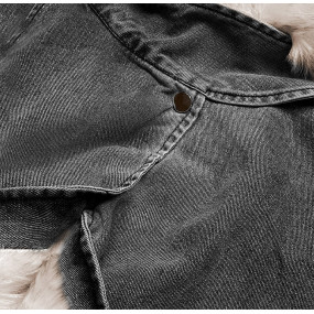 Čierno / béžová dámska džínsová bunda s kožušinovým golierom (BR9585-1046)
