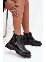 Skórzane Ocieplane Botki Damskie Z Ozdobami Lakierowane Artiker 57C0345 Czarne