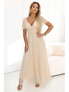 635-9 MELANIA dlhé trblietavé svadobné šaty s výstrihom a krátkymi rukávmi - béžové