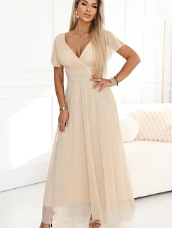 dlouhé třpytivé šaty s výstřihem a krátkými rukávy béžové model 22046290 - numoco basic