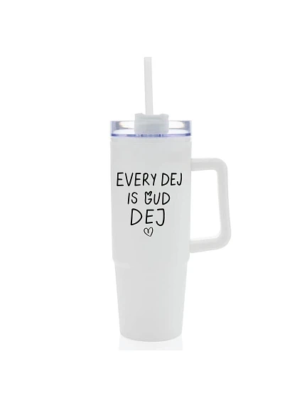 EVERY DEJ IS GUD DEJ - biely cestovný hrnček s priehľadným viečkom 900 ml