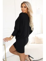 402-10 Pohodlné netopierie šaty s dlhým rukávom - čierne