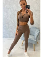 Rebrovaný komplet krátky top mocca