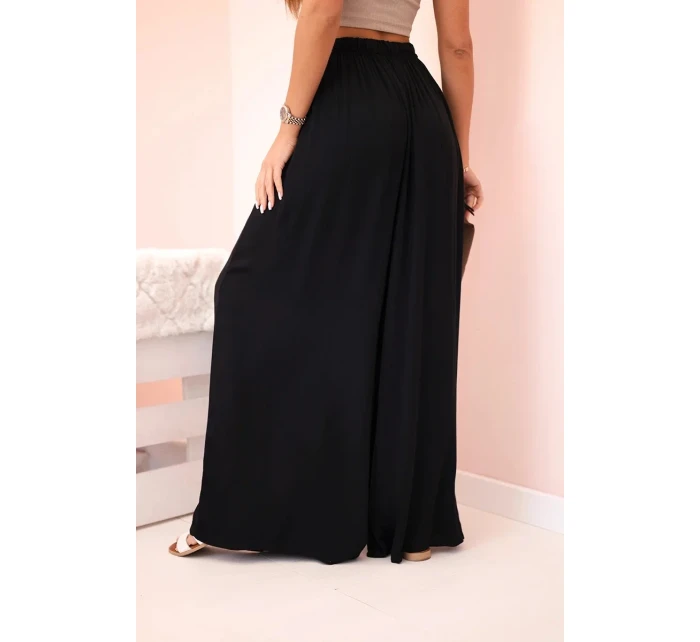 Dámske široké viskózové nohavice s elastickým pásom čierne