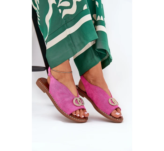 Sandały Damskie Z Ozdobą Na Płaskim Obcasie Eko Zamszowe Różowe Ralisses