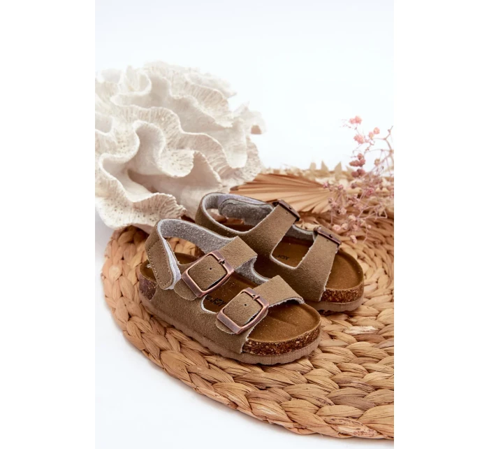 Detské sandále na korkovej platforme, zapínanie na suchý zips, Khaki Rorria