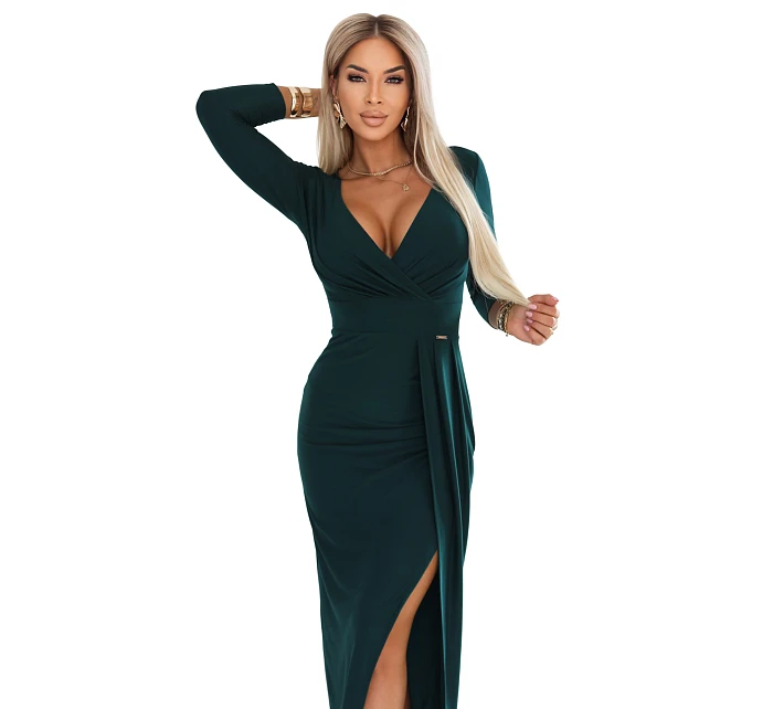 404-15 Elegantné dlhé šaty s obálkovým výstrihom a rozparkom - fľaškovo zelené
