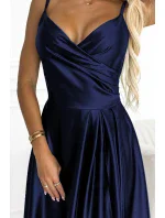 CHIARA Elegantní tmavě modré dámské dlouhé saténové maxi šaty na ramínkách model 18925689 - numoco