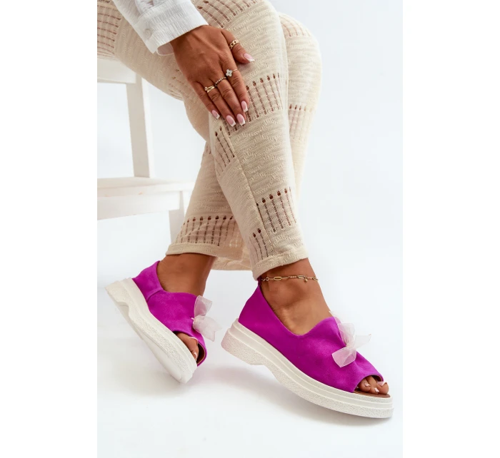 Zazoo 2939 Zamszowe Sandały Damskie Z Kokardką Fuksja