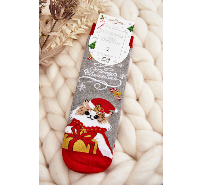 Dámske vianočné ponožky s mačkou šedej farby