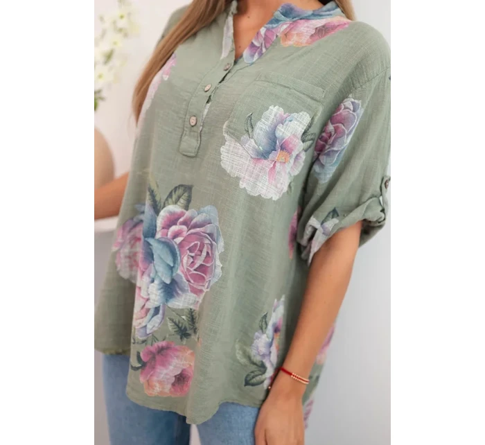 Dámska bavlnená blúzka s kvetinovým vzorom khaki Dámska bavlnená blúzka s kvetinovým vzorom khaki