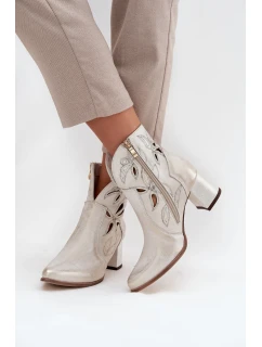 Skórzane Ażurowe Botki Damskie Na Słupku Zazoo 3647 Złoty Przecierany